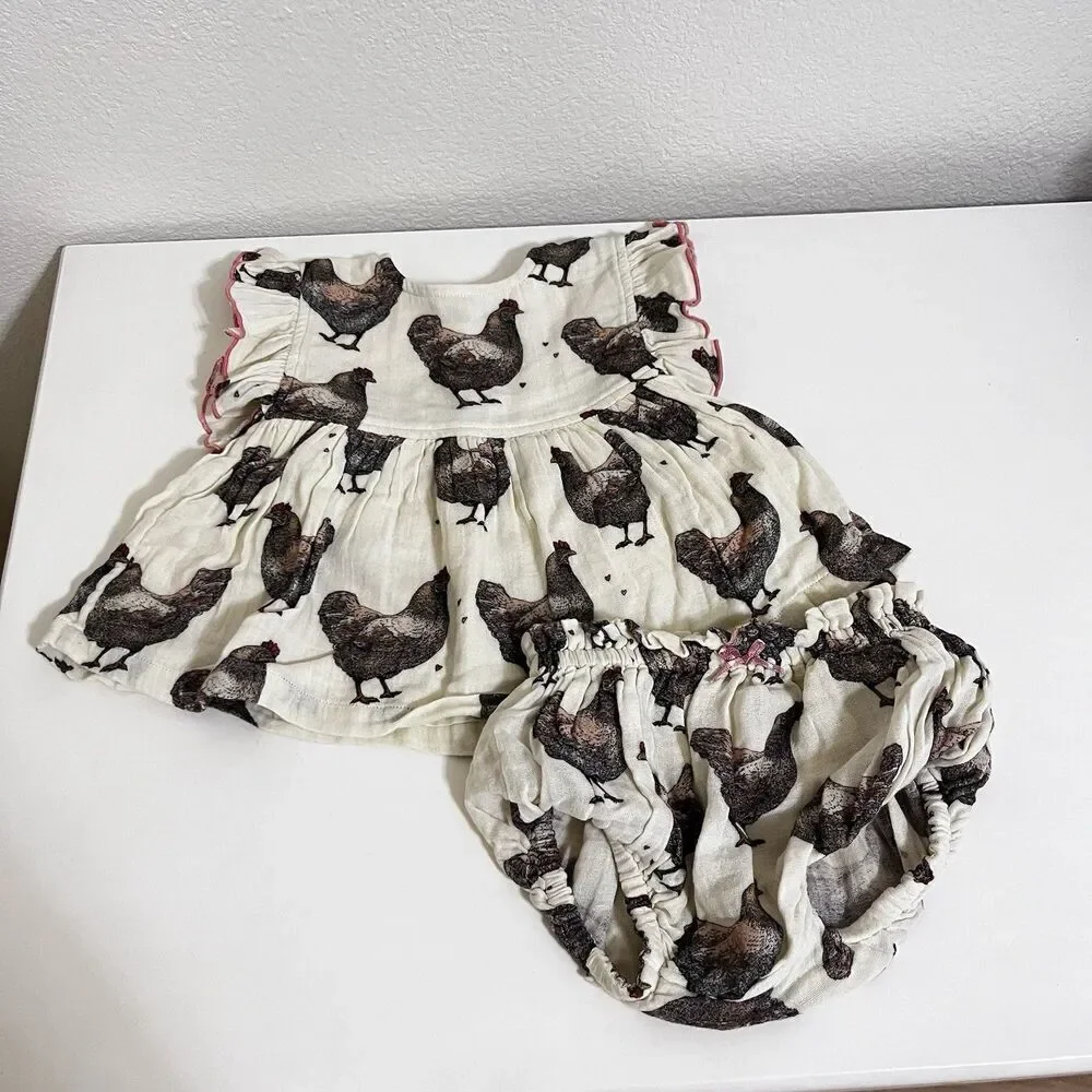 Pink Chicken Dress and Bloomers Set Chickens Print Gauze Girls Size 12-18 Months